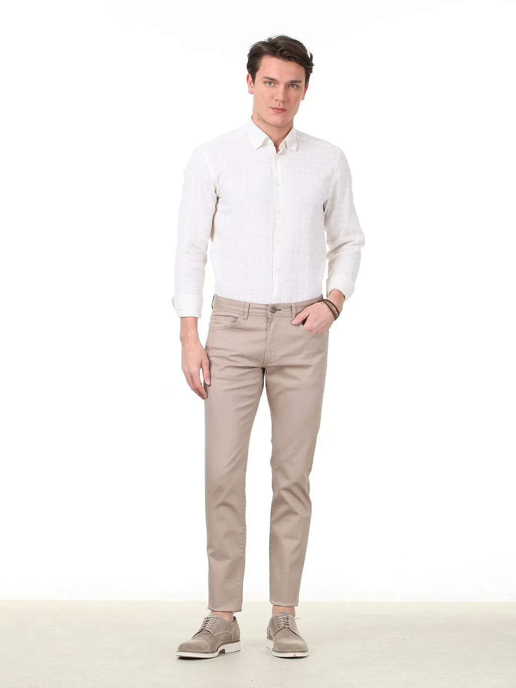 Beige Weaving Regular Fit Casual Cotton Blended Trousers - 2