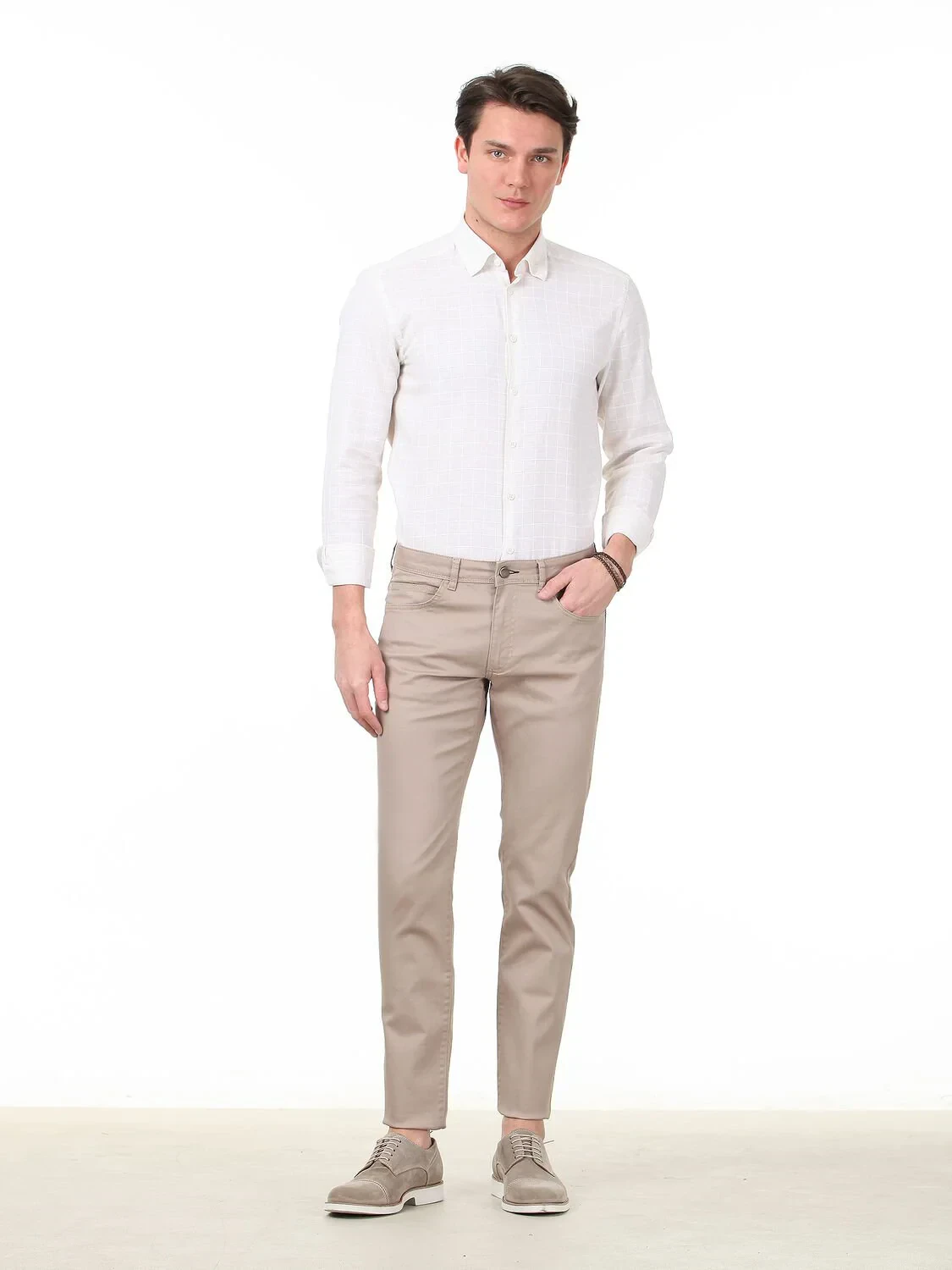 Beige Weaving Regular Fit Casual Cotton Blended Trousers - 2