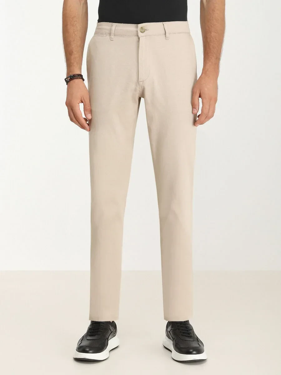 Beige Weaving Regular Fit Casual Cotton Blended Trousers - 1