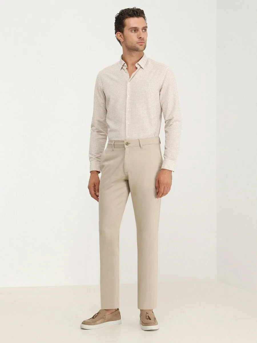 Beige Weaving Regular Fit Casual Cotton Blended Trousers - 2