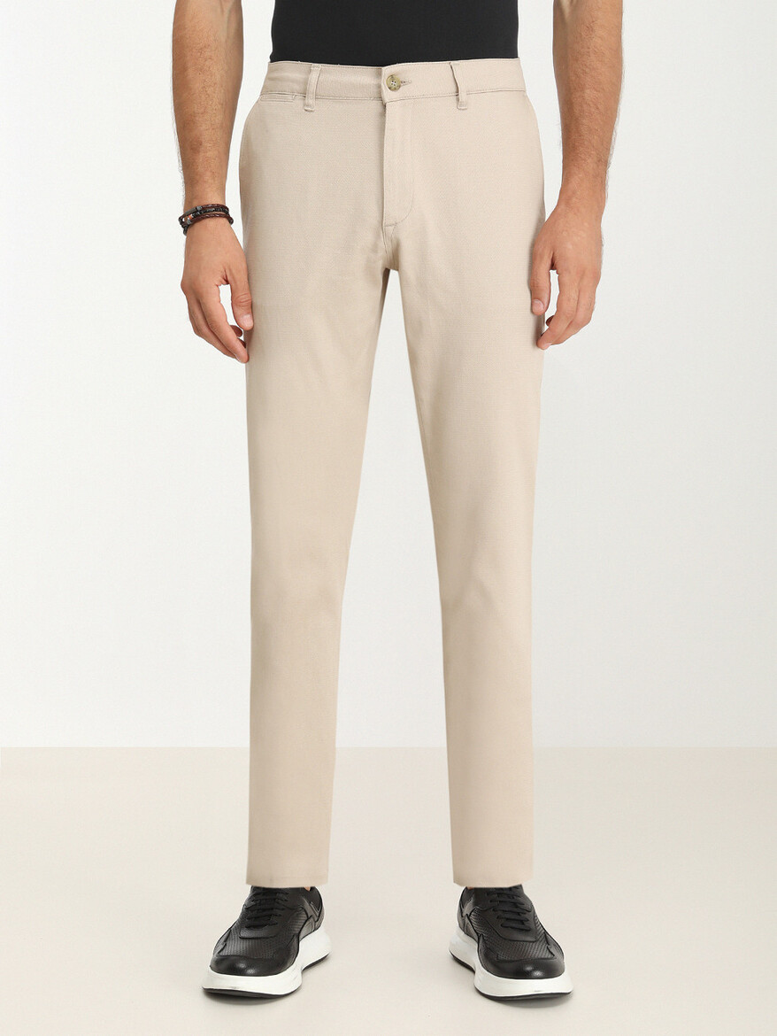 Beige Weaving Regular Fit Casual Cotton Blended Trousers - 1