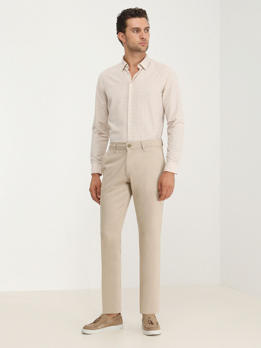 Beige Weaving Regular Fit Casual Cotton Blended Trousers - 2