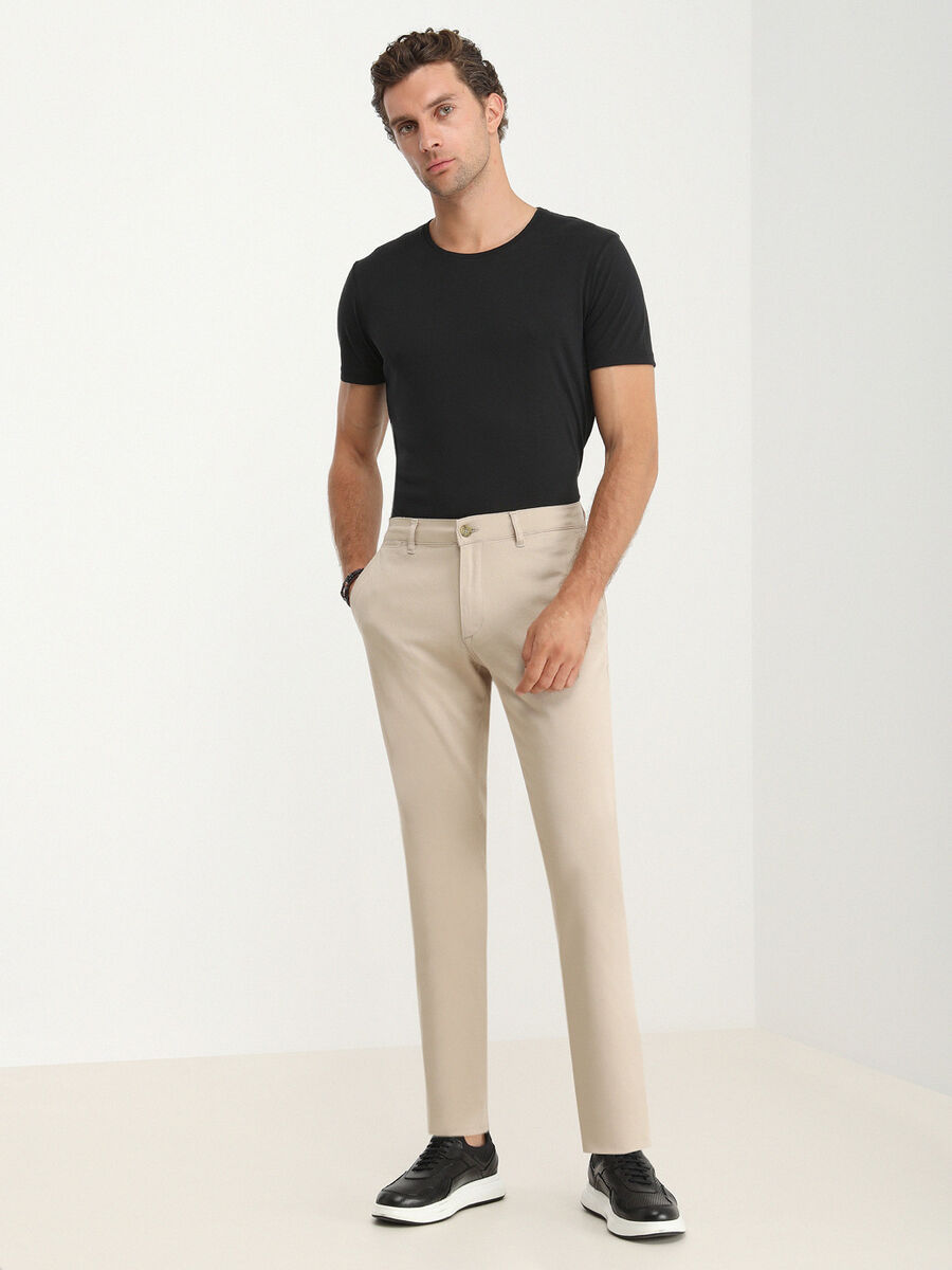 Beige Weaving Regular Fit Casual Cotton Blended Trousers - 3