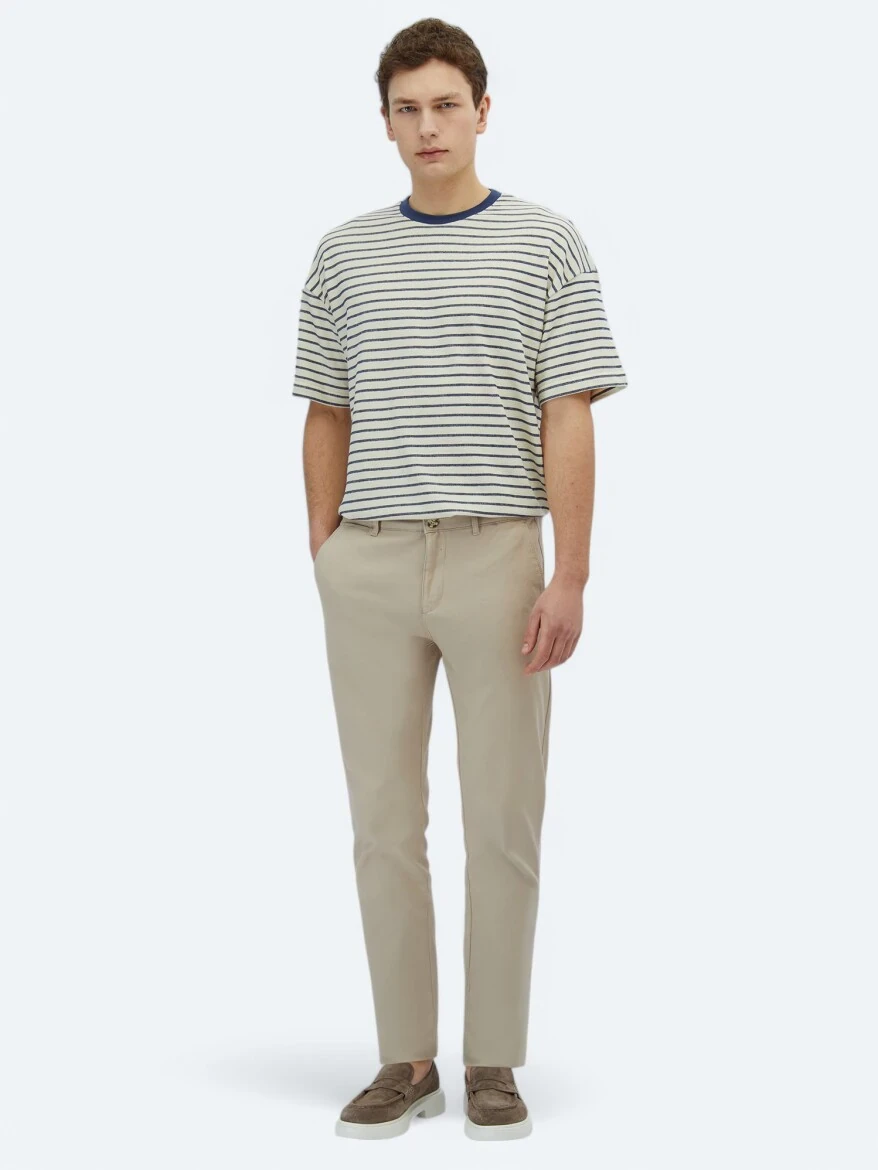 Beige Weaving Regular Fit Casual Cotton Blended Trousers - 1