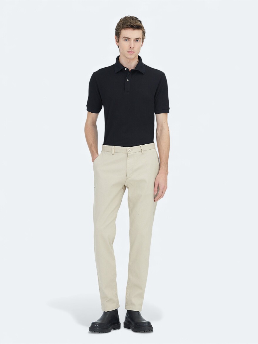 Beige Weaving Regular Fit Casual Cotton Blended Trousers - KİP