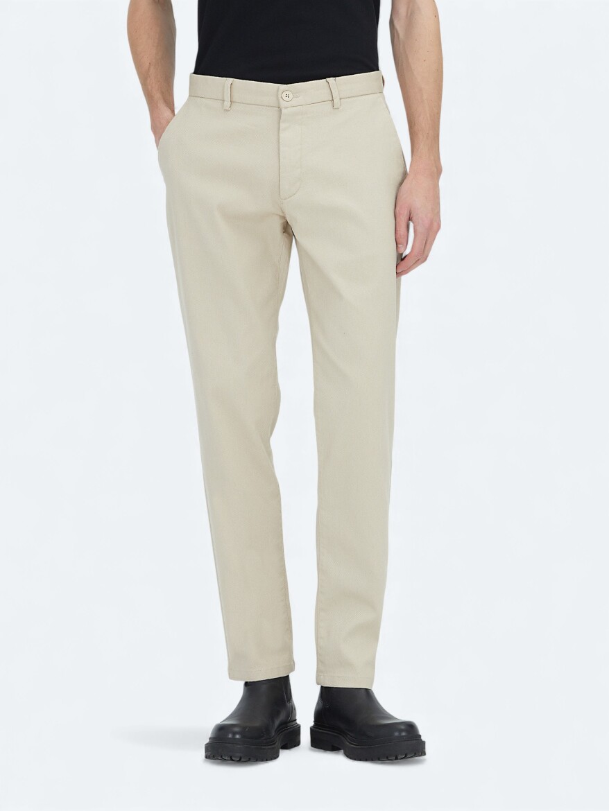 Beige Weaving Regular Fit Casual Cotton Blended Trousers - KİP