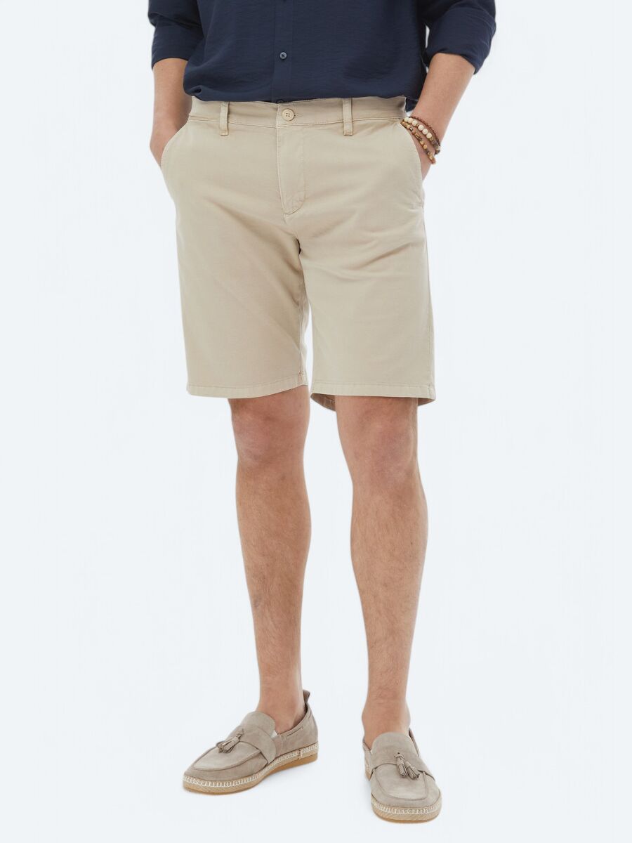 Beige Weaving Slim Fit Casual Cotton Blended Bermuda - 2