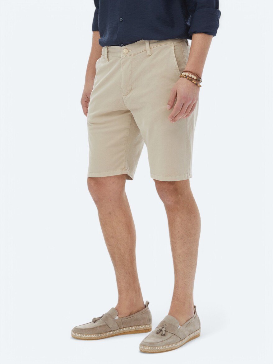 Beige Weaving Slim Fit Casual Cotton Blended Bermuda - 4