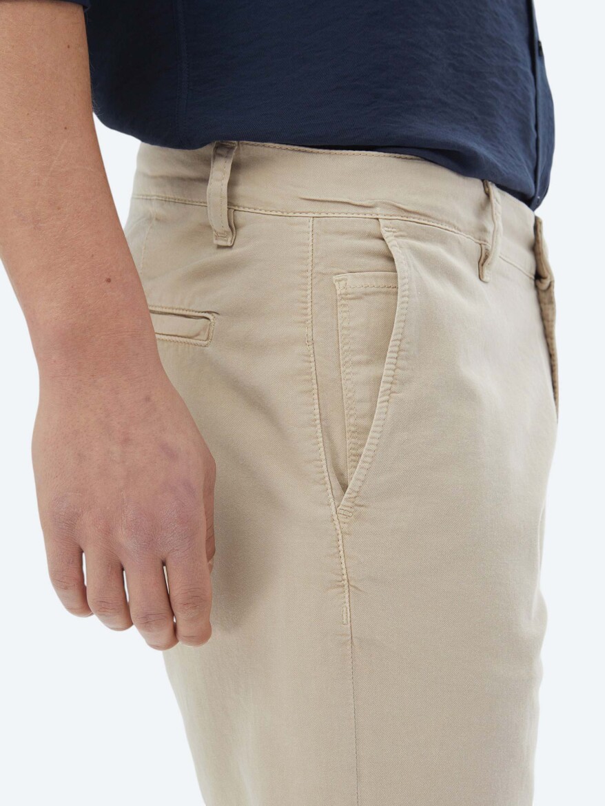 Beige Weaving Slim Fit Casual Cotton Blended Bermuda - 5