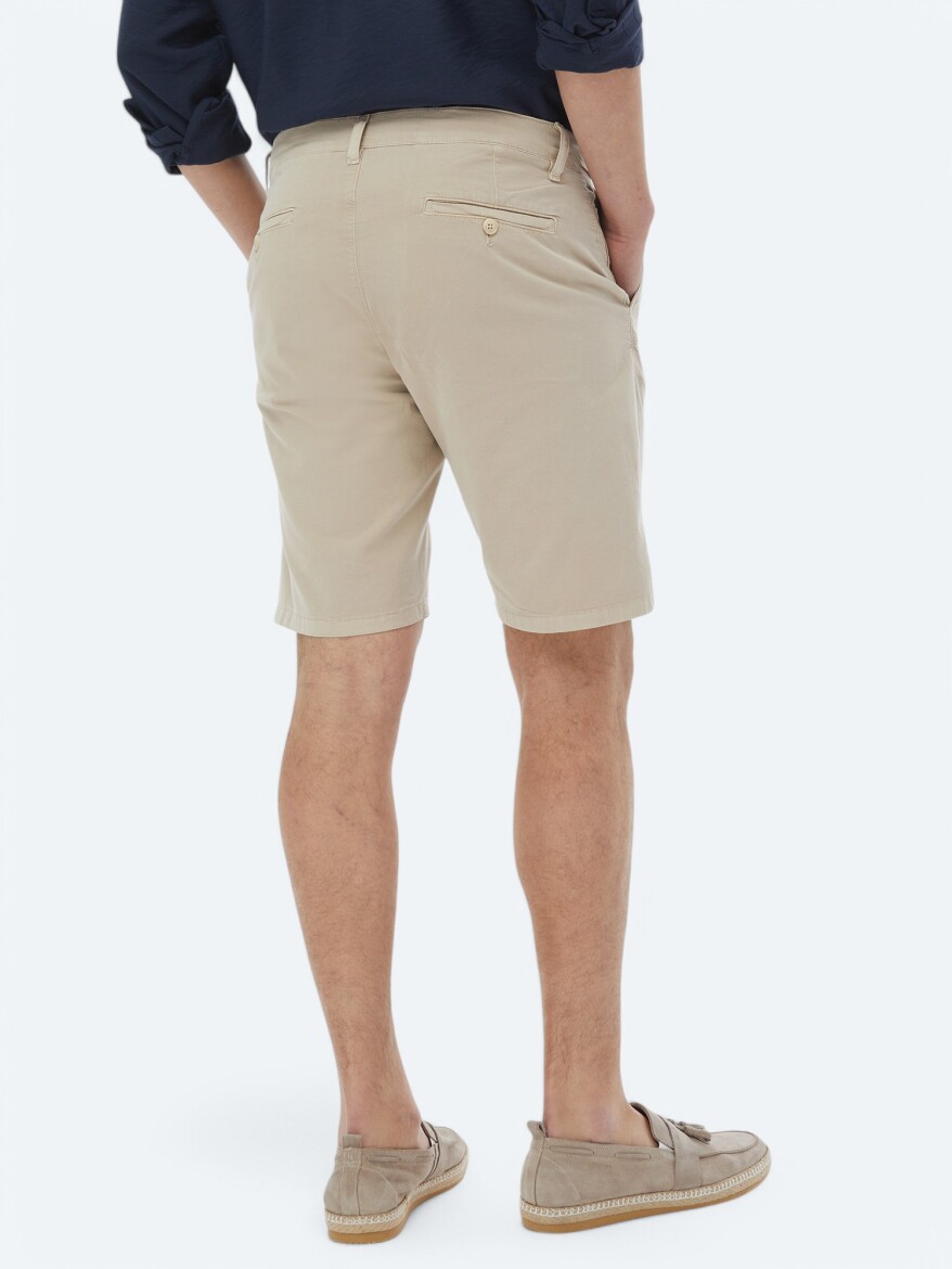 Beige Weaving Slim Fit Casual Cotton Blended Bermuda - 7