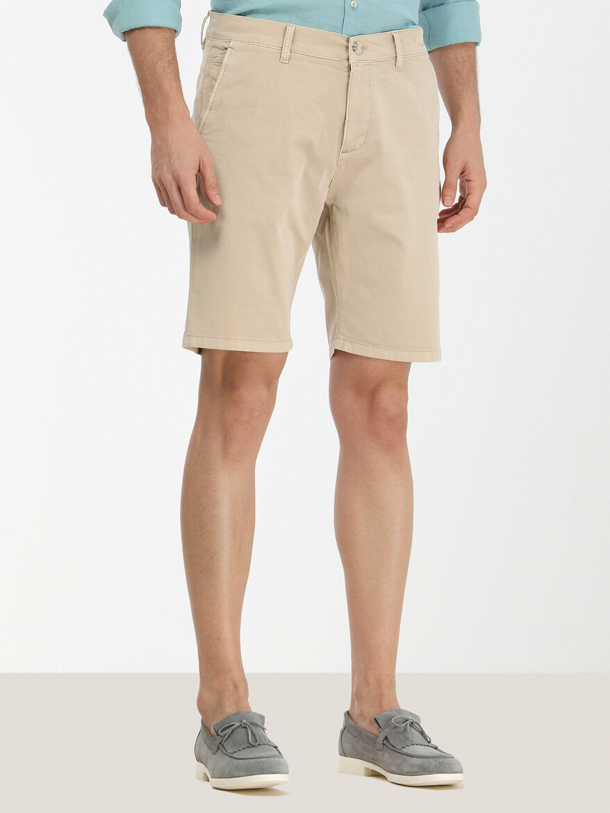 Beige Weaving Slim Fit Casual Cotton Blended Bermuda - 1