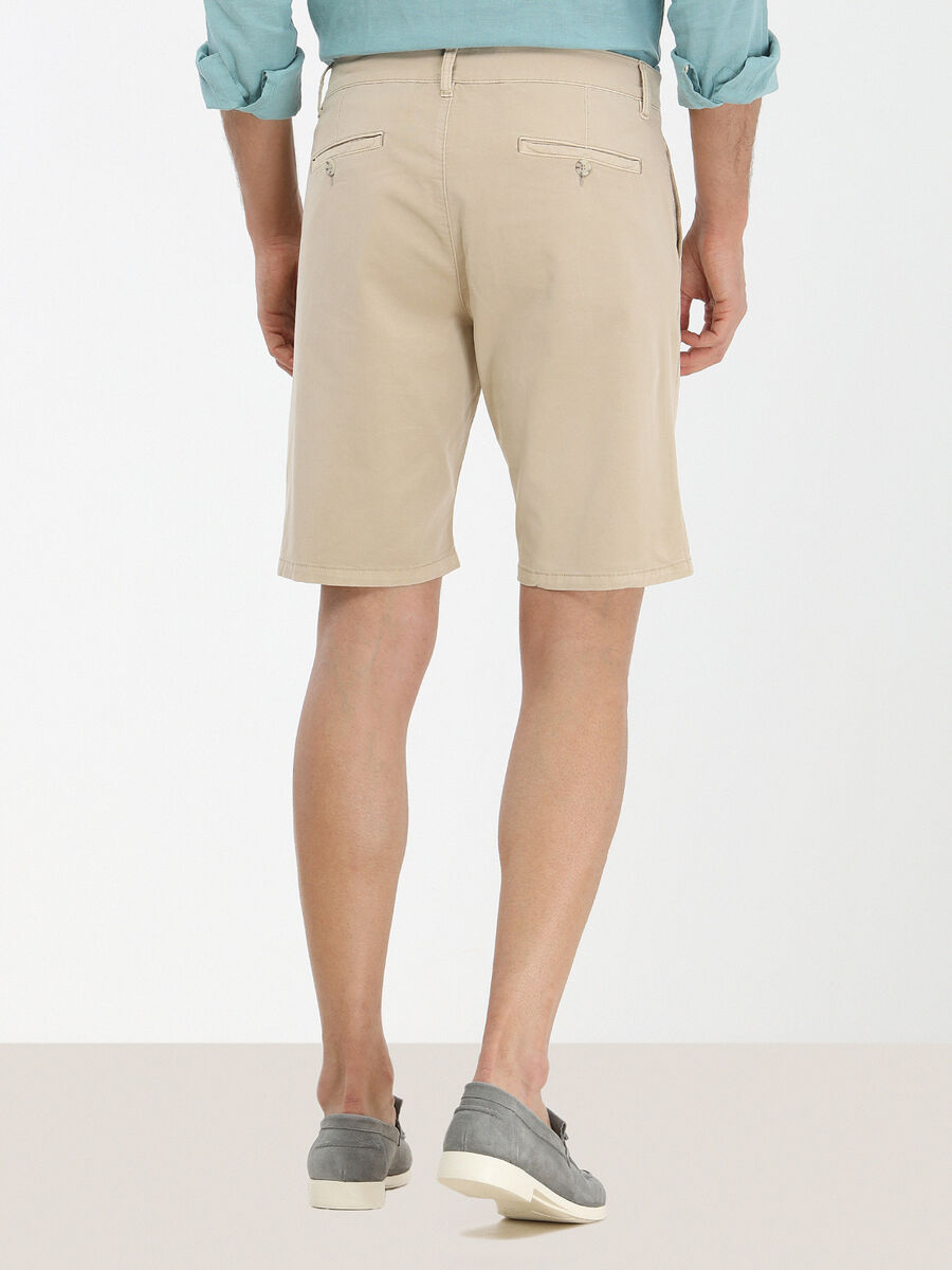 Beige Weaving Slim Fit Casual Cotton Blended Bermuda - 4