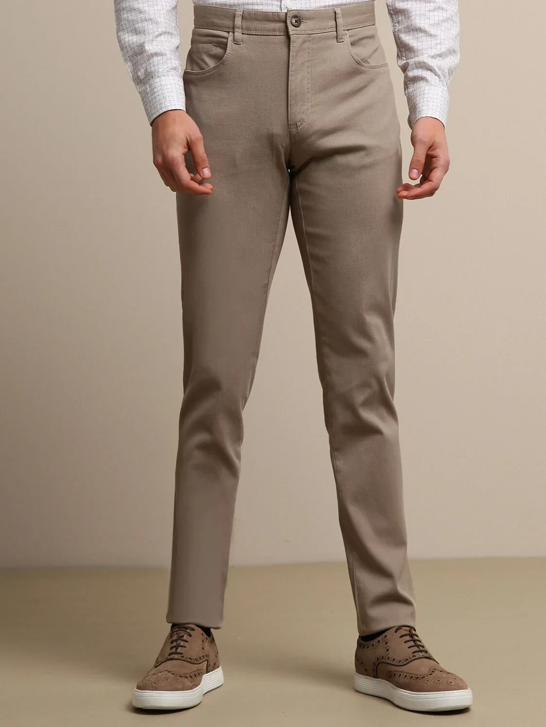 Beige Weaving Slim Fit Casual Cotton Blended Trousers - 1