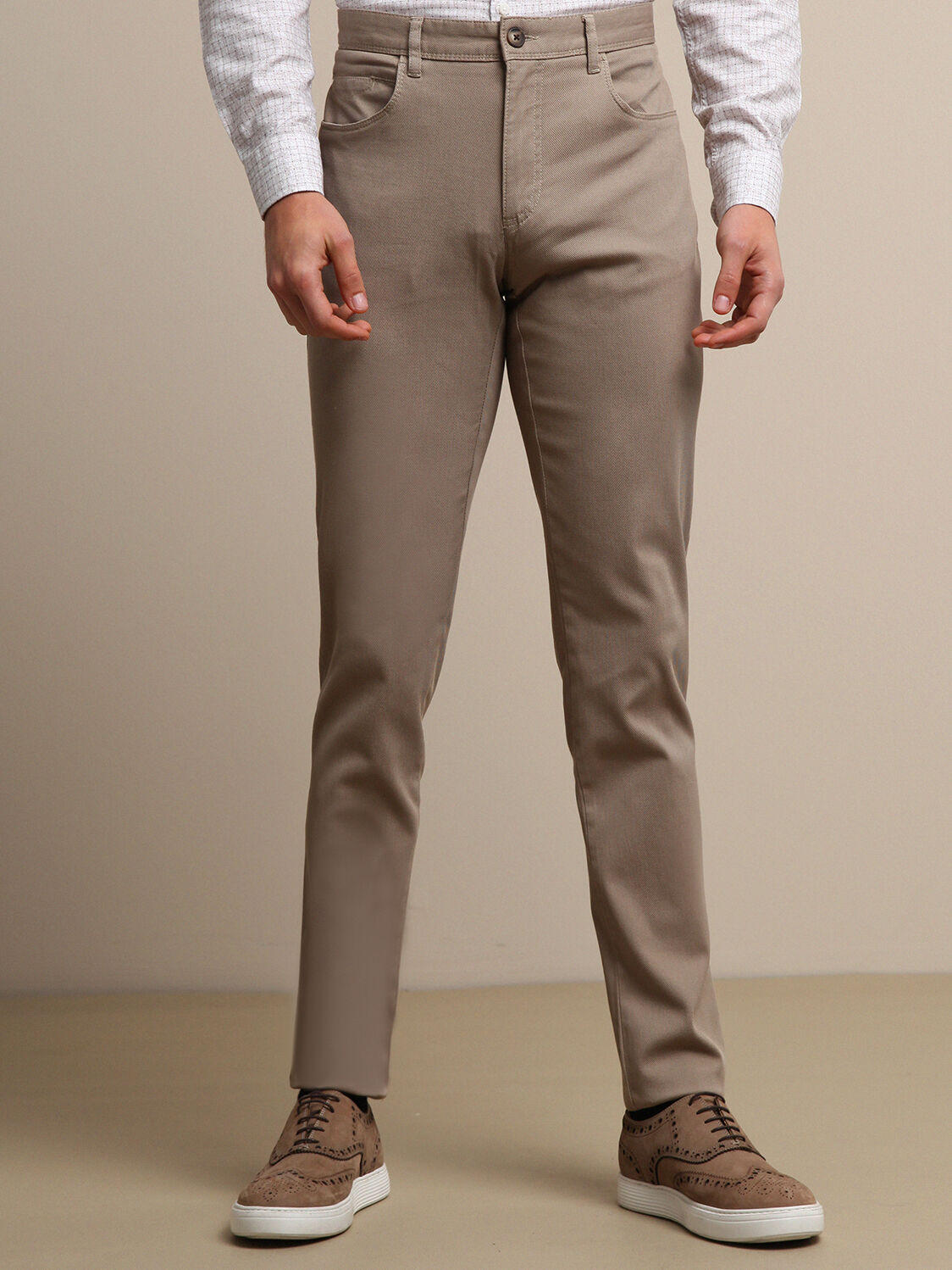 Beige Weaving Slim Fit Casual Cotton Blended Trousers - 1