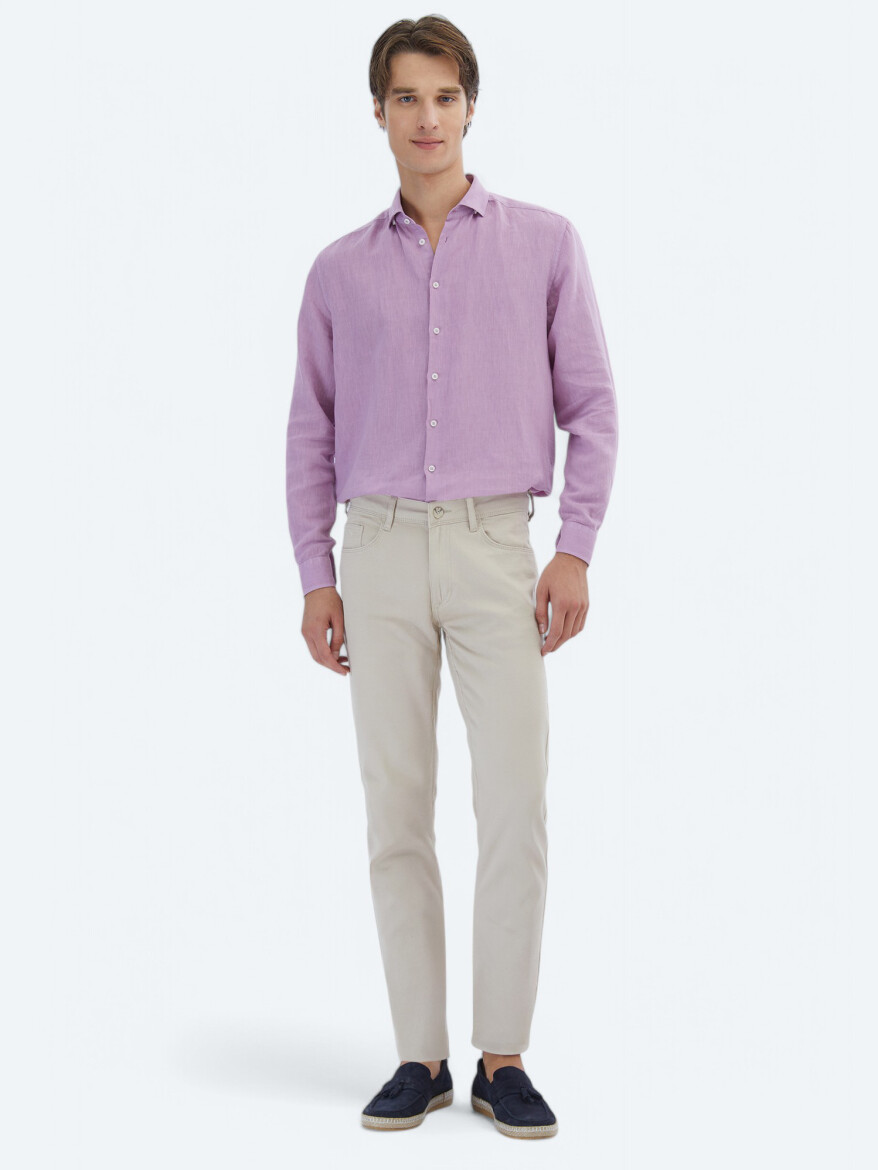 Beige Weaving Slim Fit Casual Cotton Blended Trousers - 1