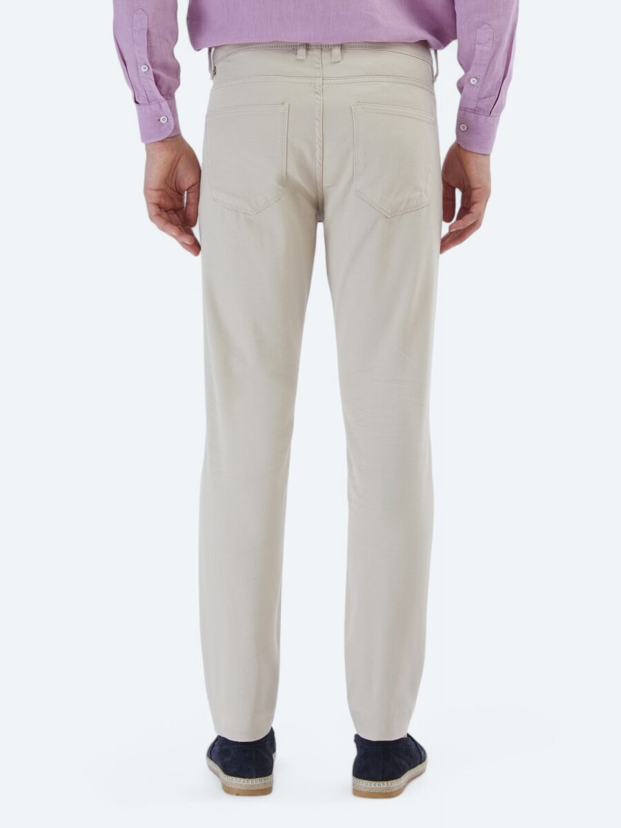 Beige Weaving Slim Fit Casual Cotton Blended Trousers - 4