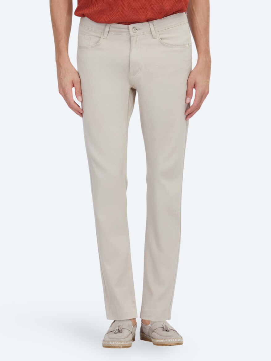 Beige Weaving Slim Fit Casual Cotton Blended Trousers - 2