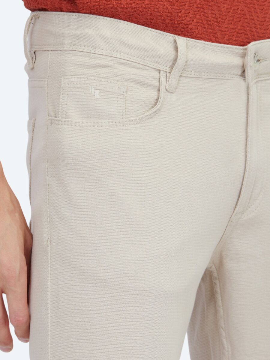 Beige Weaving Slim Fit Casual Cotton Blended Trousers - 4