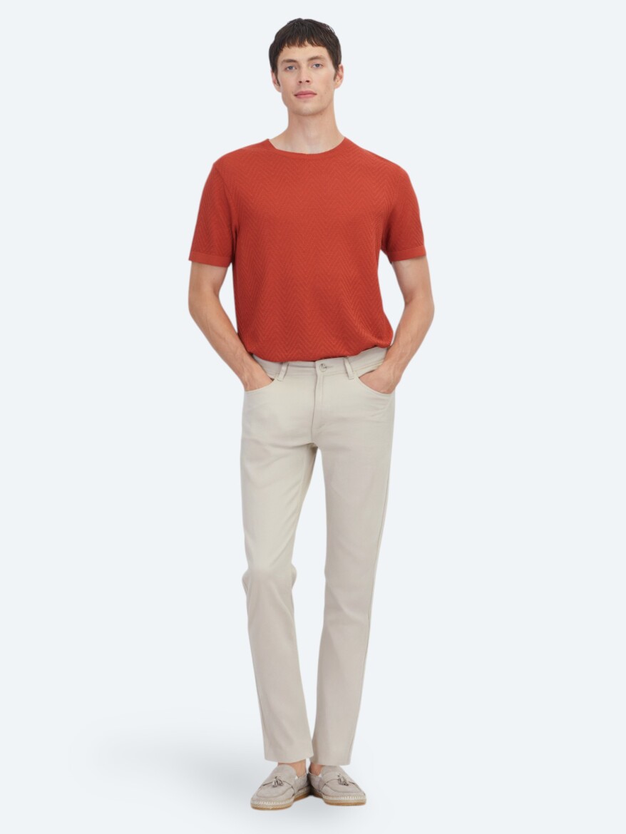 Beige Weaving Slim Fit Casual Cotton Blended Trousers 