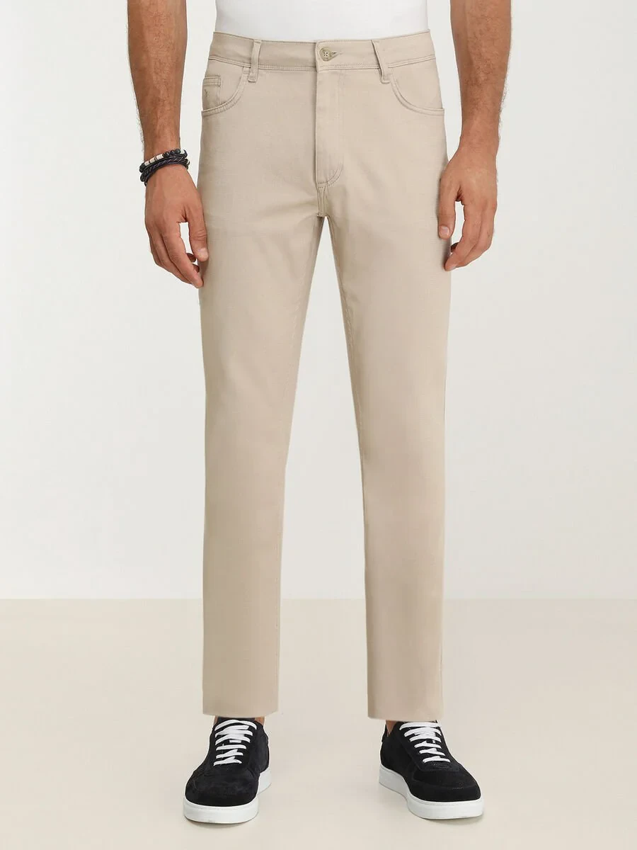 Beige Weaving Slim Fit Casual Cotton Blended Trousers - 1