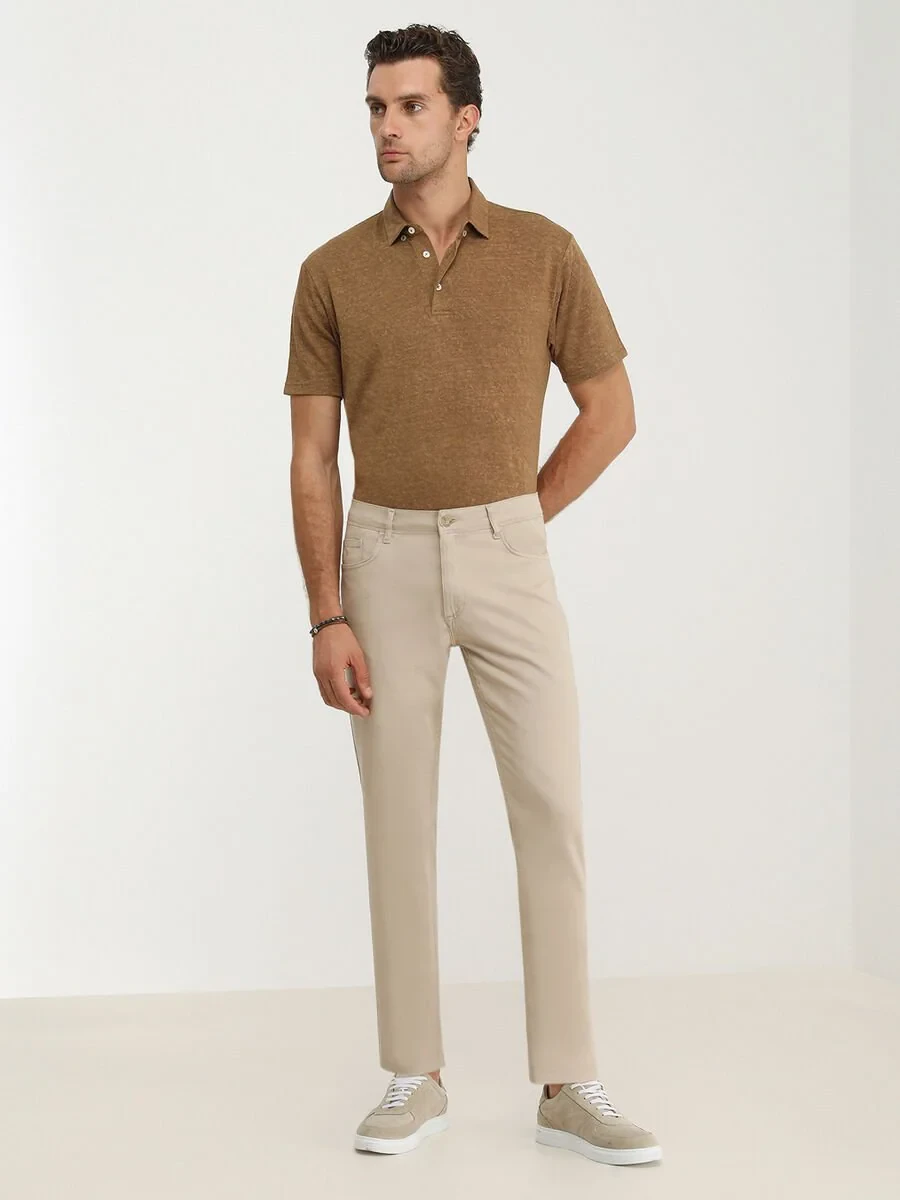 Beige Weaving Slim Fit Casual Cotton Blended Trousers - 2