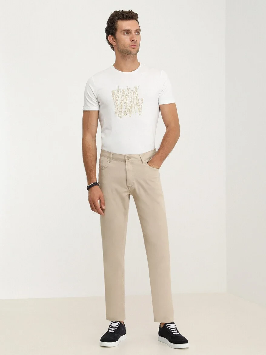 Beige Weaving Slim Fit Casual Cotton Blended Trousers - 3
