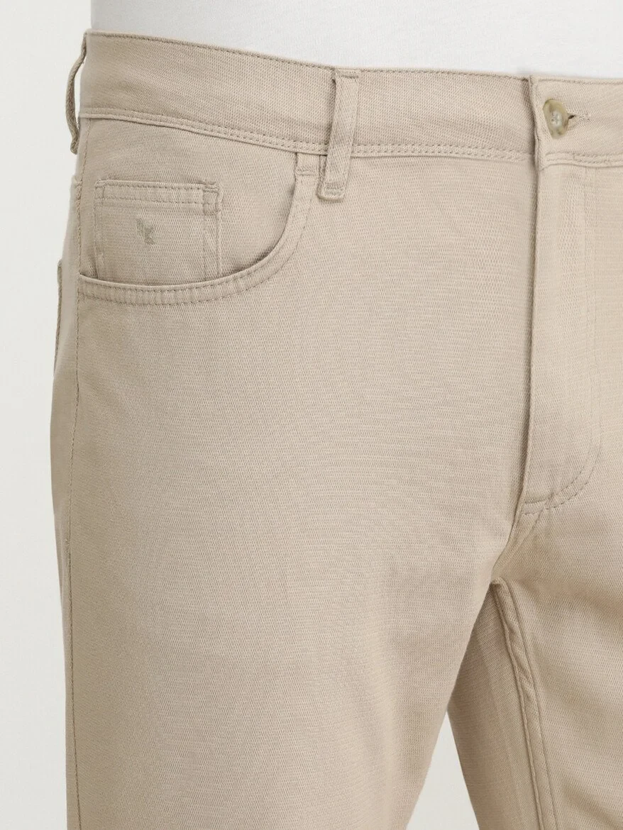 Beige Weaving Slim Fit Casual Cotton Blended Trousers - 4