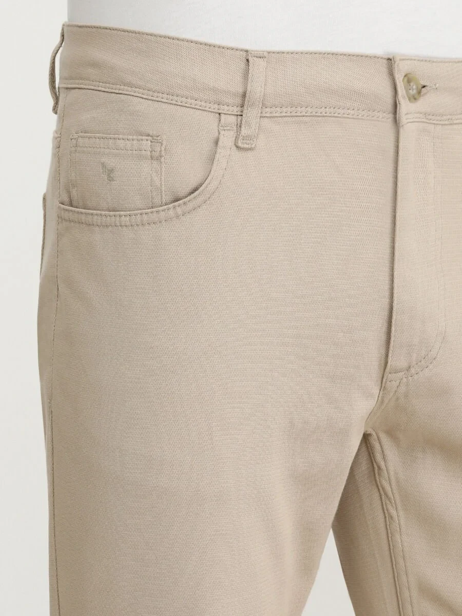 Beige Weaving Slim Fit Casual Cotton Blended Trousers - 4