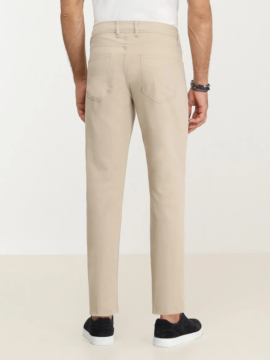 Beige Weaving Slim Fit Casual Cotton Blended Trousers - 5