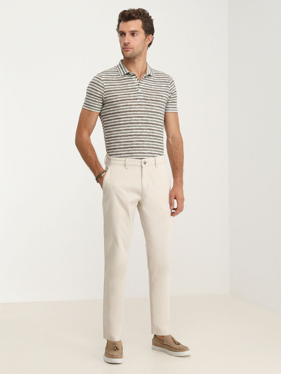 Beige Weaving Slim Fit Casual Cotton Blended Trousers - 3