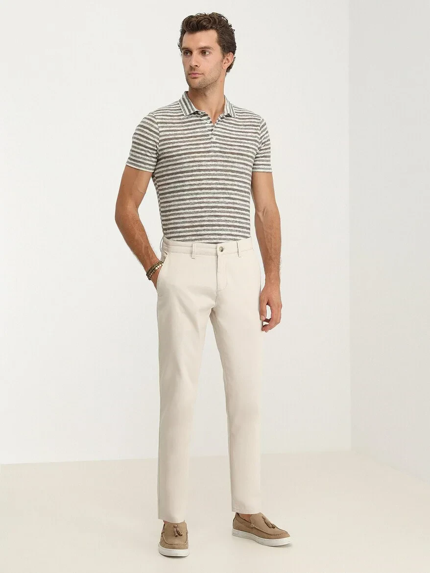 Beige Weaving Slim Fit Casual Cotton Blended Trousers - 3