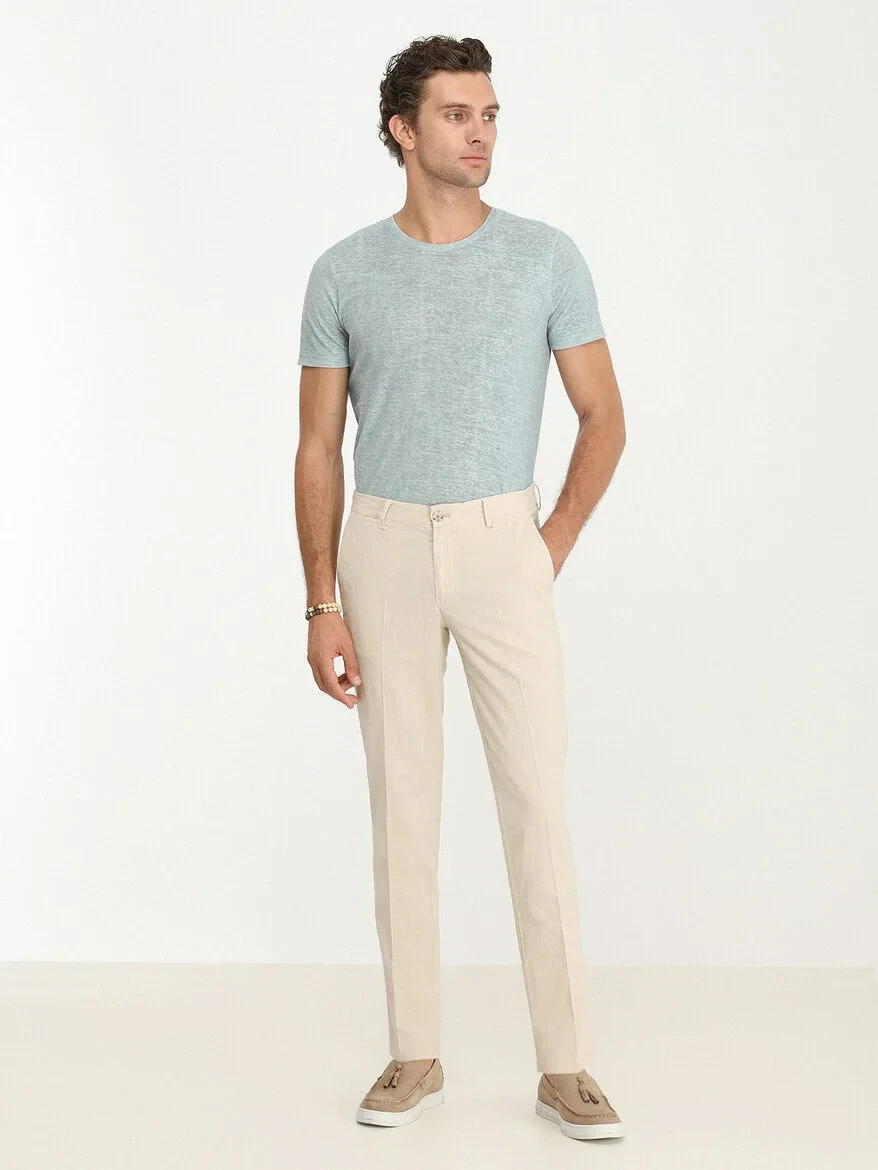 Beige Weaving Slim Fit Casual Cotton Blended Trousers - 2