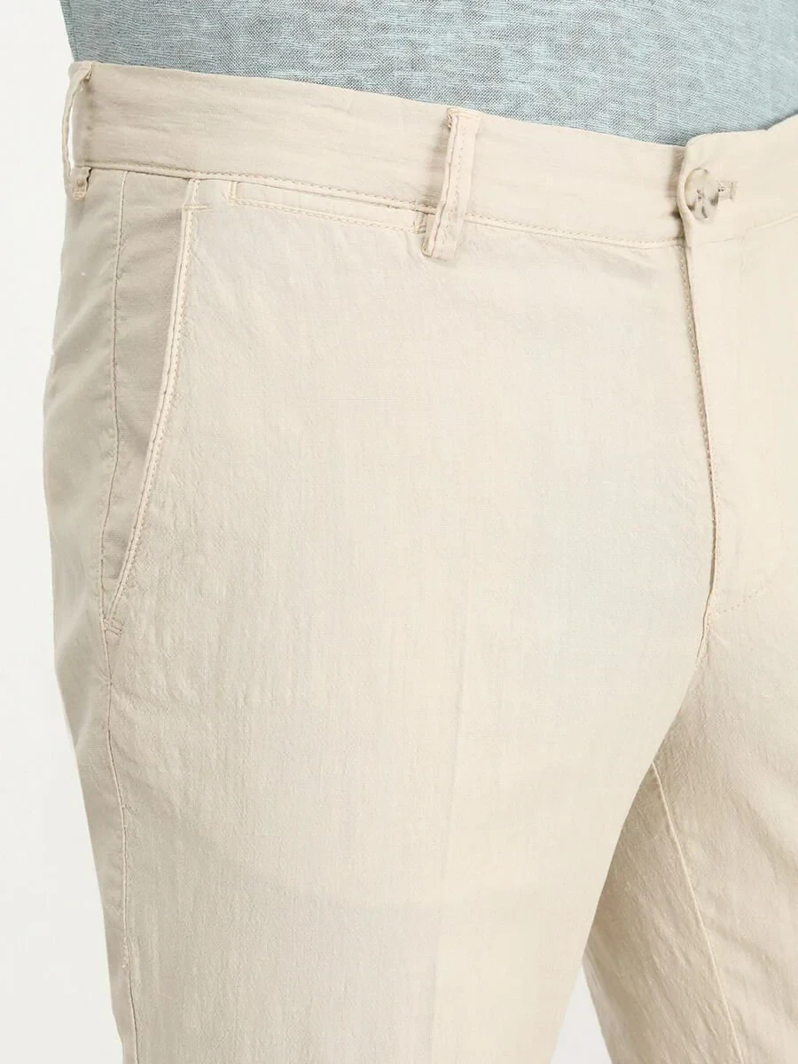 Beige Weaving Slim Fit Casual Cotton Blended Trousers - 3