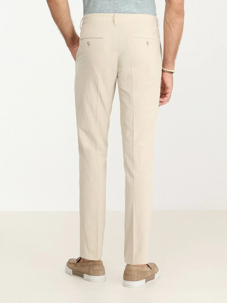 Beige Weaving Slim Fit Casual Cotton Blended Trousers - 4