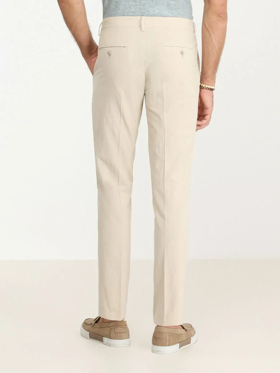 Beige Weaving Slim Fit Casual Cotton Blended Trousers - 4