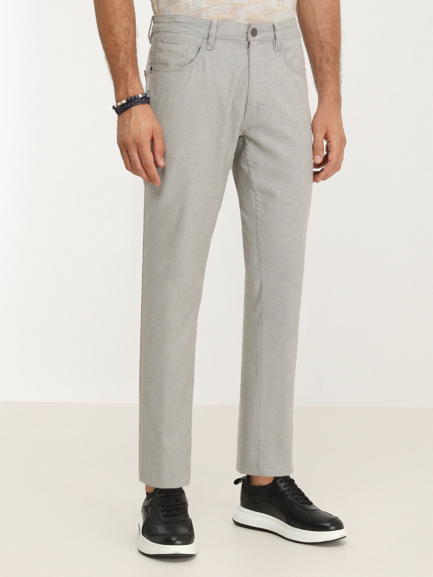 Beige Weaving Slim Fit Casual Cotton Blended Trousers 