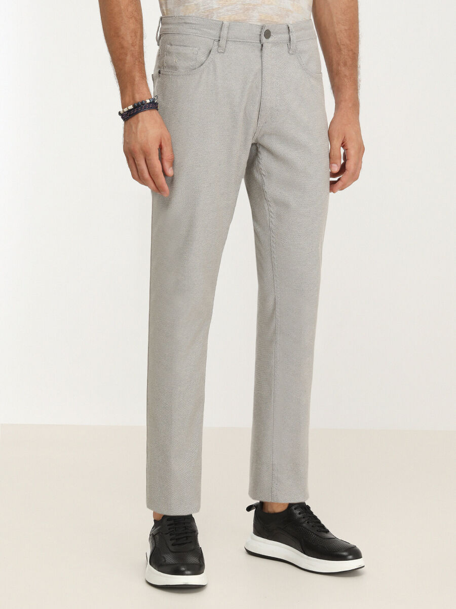 Beige Weaving Slim Fit Casual Cotton Blended Trousers - 1