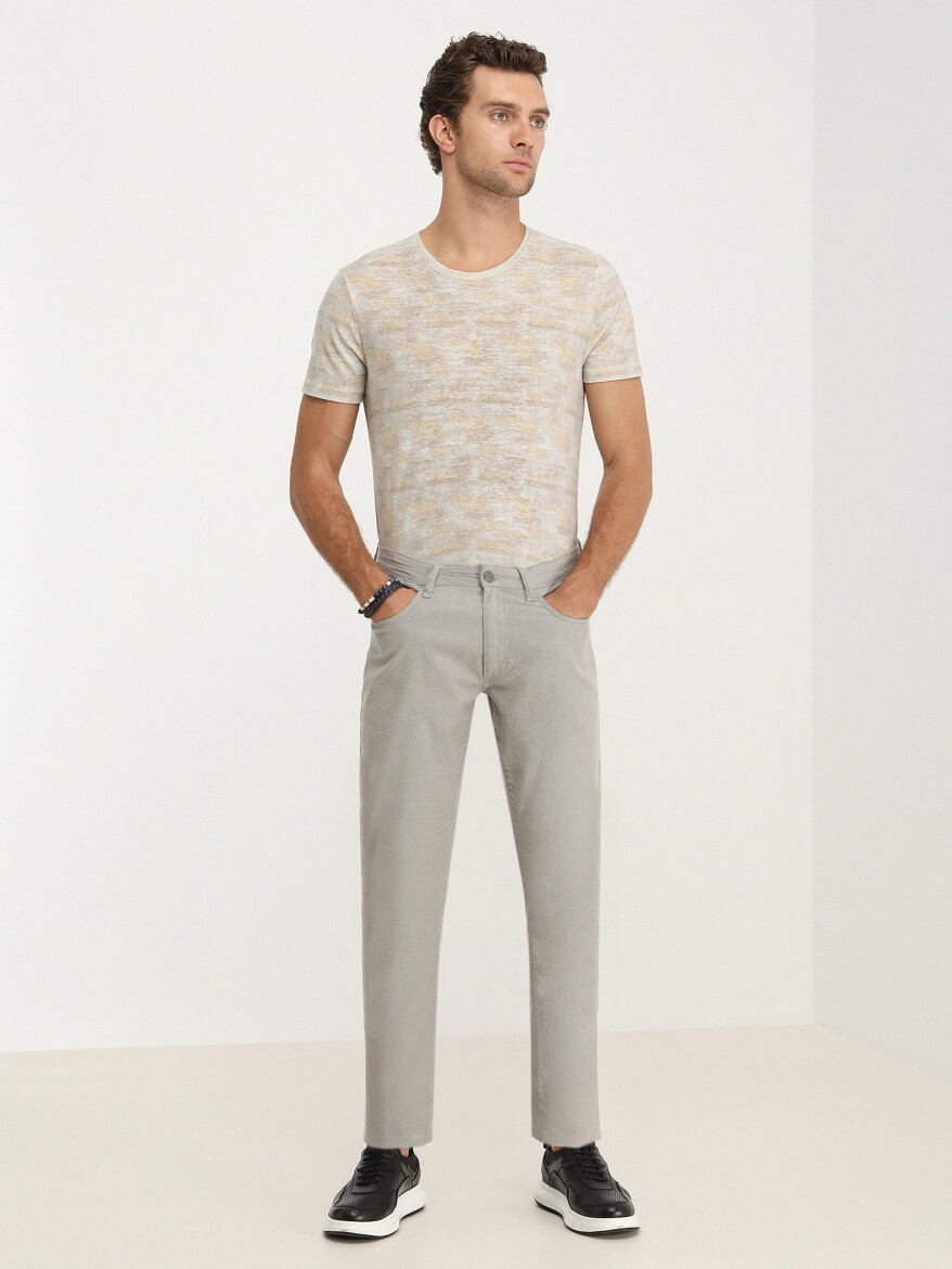Beige Weaving Slim Fit Casual Cotton Blended Trousers - 2