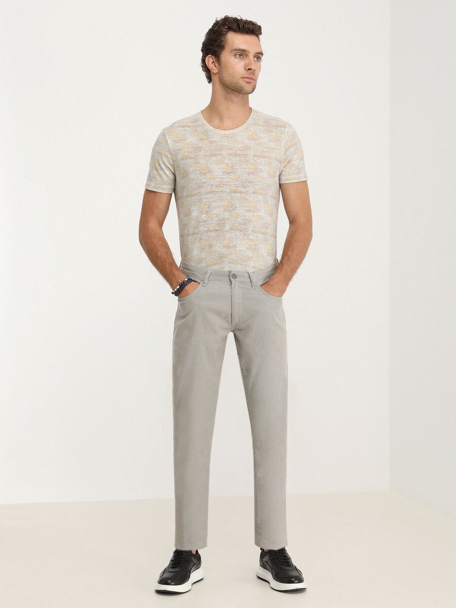 Beige Weaving Slim Fit Casual Cotton Blended Trousers - 2