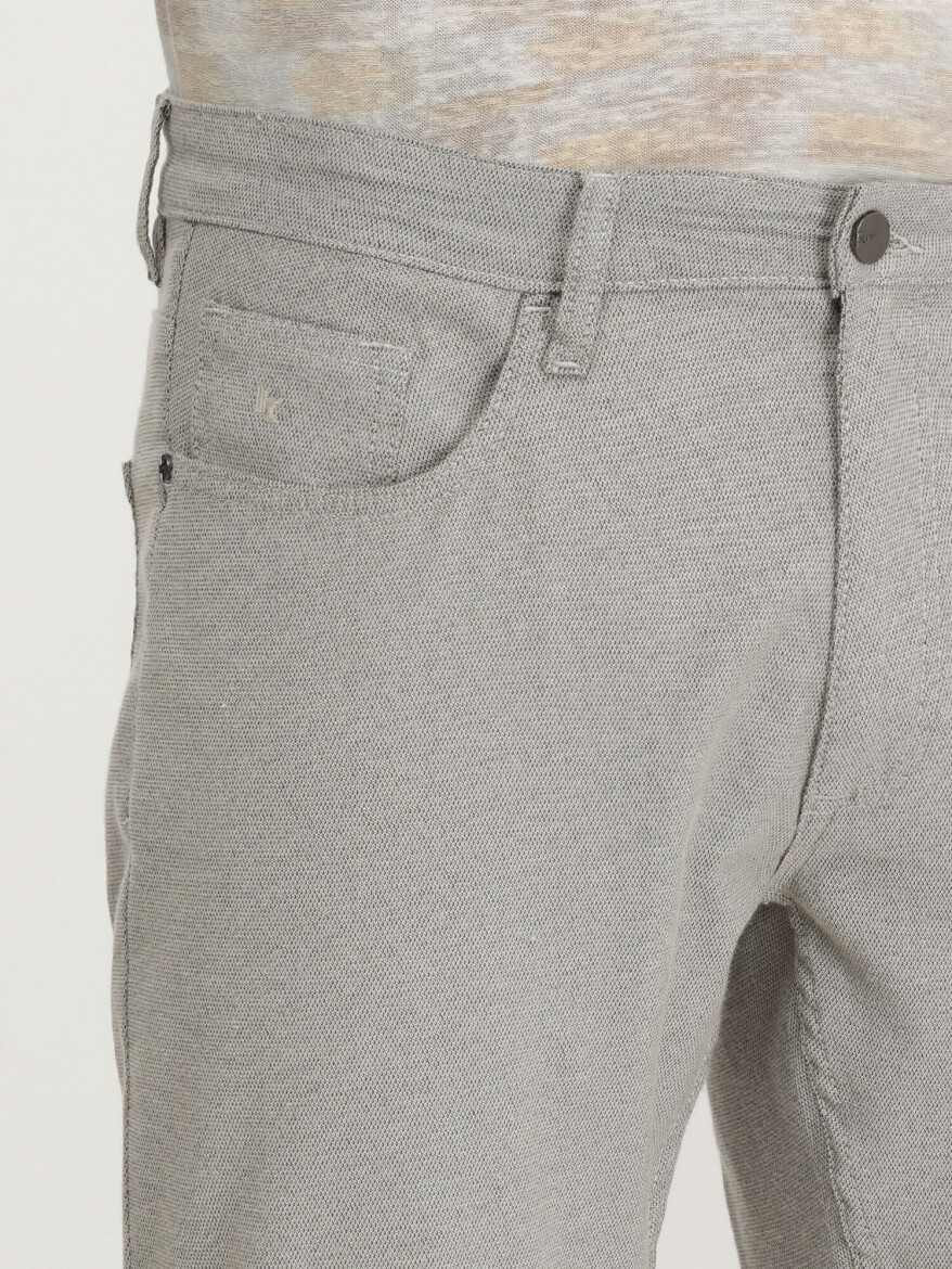 Beige Weaving Slim Fit Casual Cotton Blended Trousers - 3