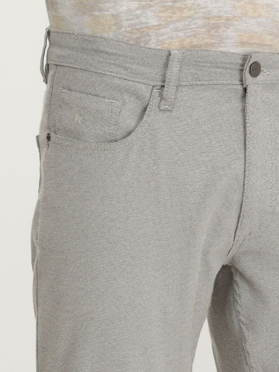 Beige Weaving Slim Fit Casual Cotton Blended Trousers - 3