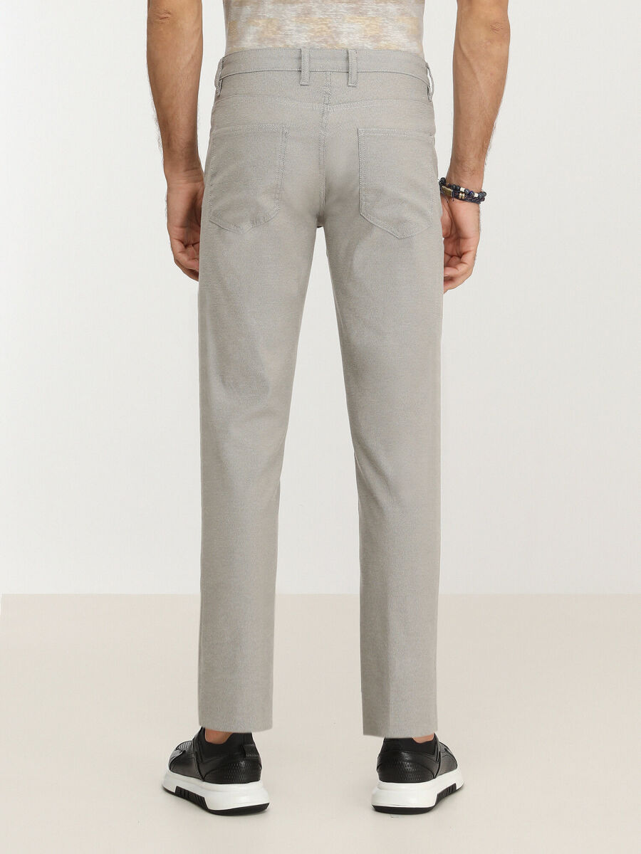 Beige Weaving Slim Fit Casual Cotton Blended Trousers - 4