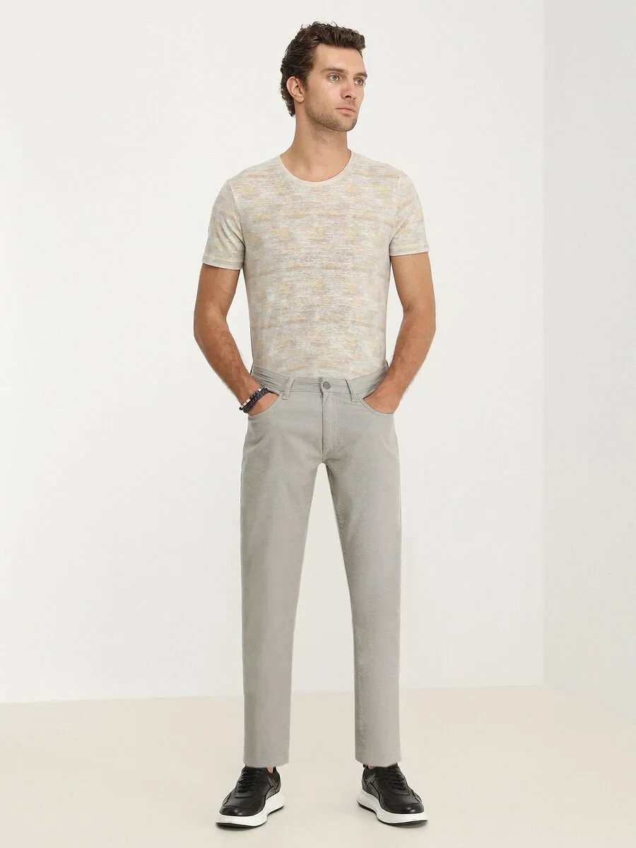 Beige Weaving Slim Fit Casual Cotton Blended Trousers - 2
