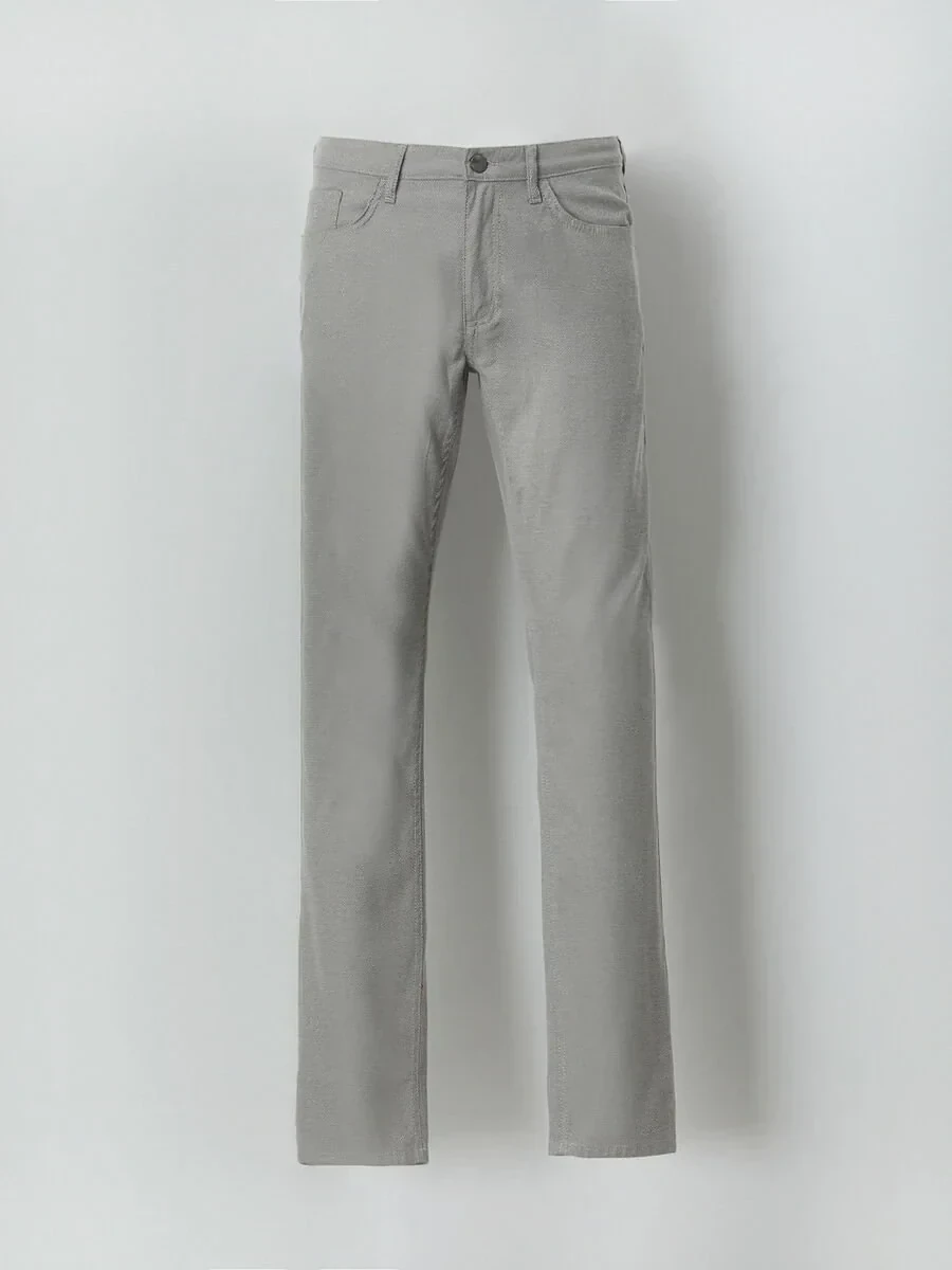 Beige Weaving Slim Fit Casual Cotton Blended Trousers - 5