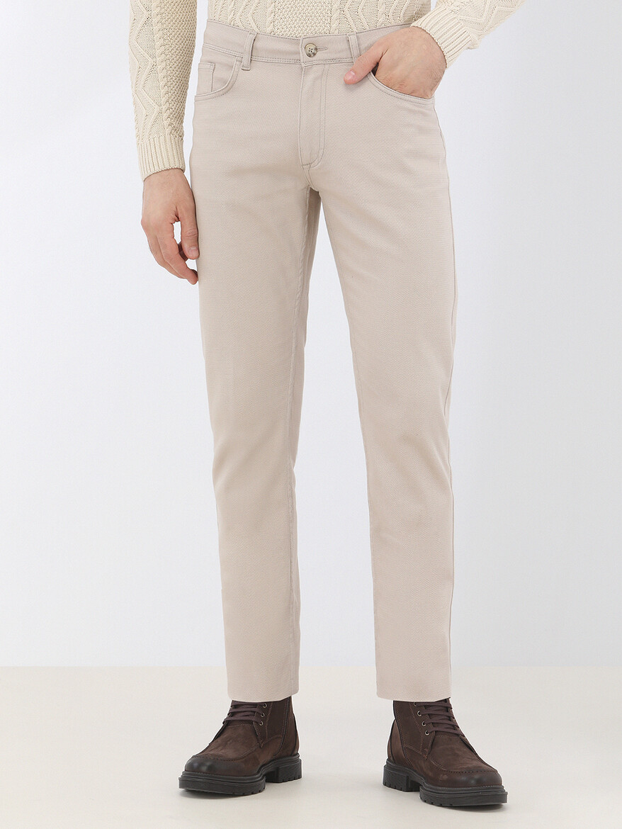 Beige Weaving Slim Fit Casual Cotton Blended Trousers - 1