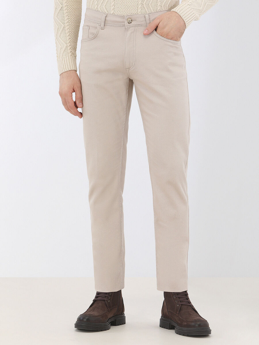 Beige Weaving Slim Fit Casual Cotton Blended Trousers - 1