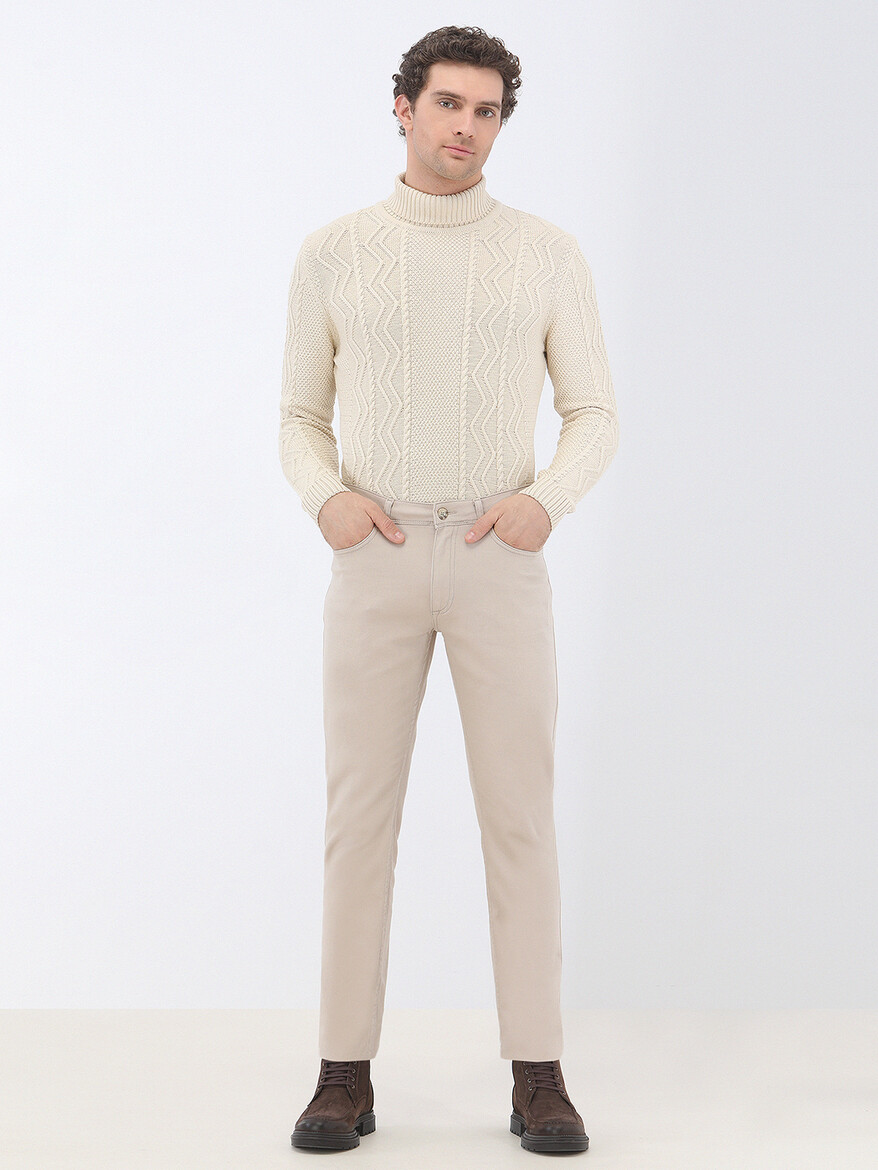 Beige Weaving Slim Fit Casual Cotton Blended Trousers - 2