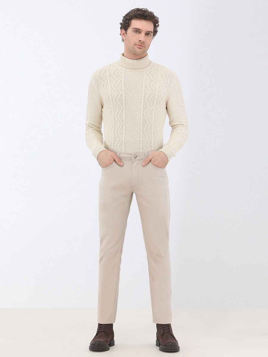 Beige Weaving Slim Fit Casual Cotton Blended Trousers - 2