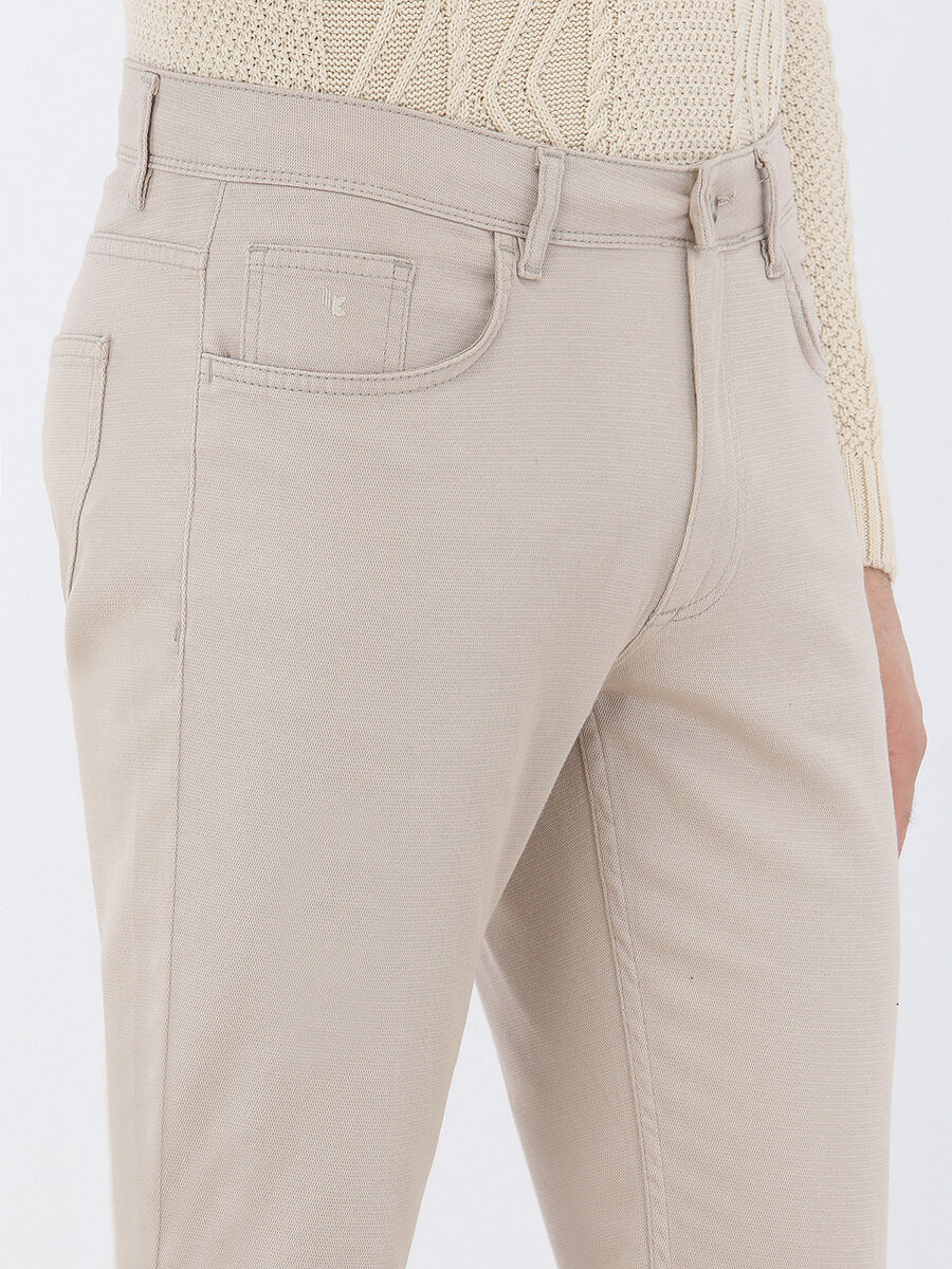 Beige Weaving Slim Fit Casual Cotton Blended Trousers - 5