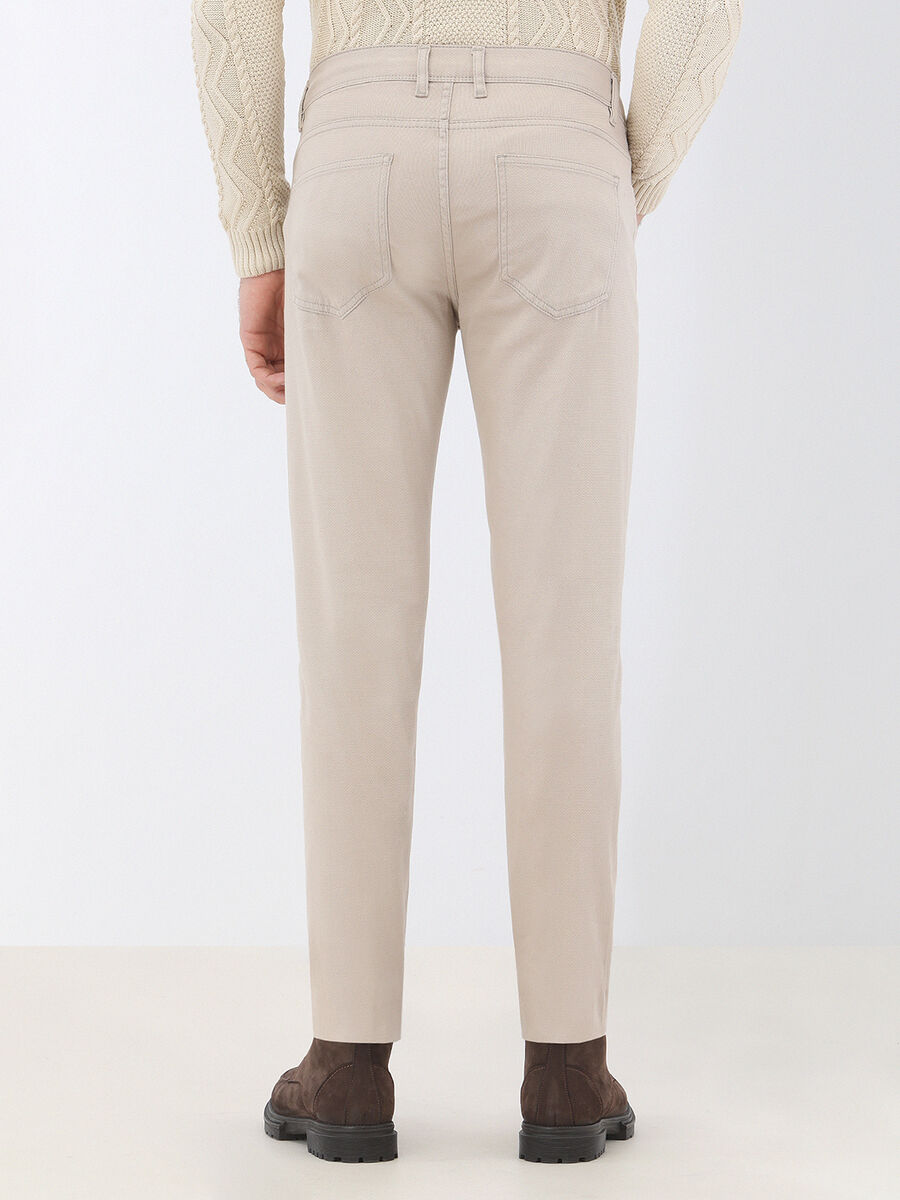 Beige Weaving Slim Fit Casual Cotton Blended Trousers - 6